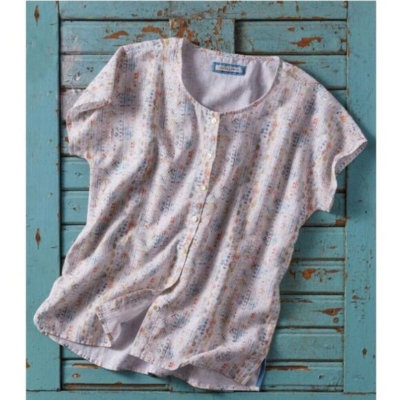 Carbon 2 Cobalt Southwestern Top XL Linen Cotton Short Sleeves Watercolor Resort - Picture 1 of 10